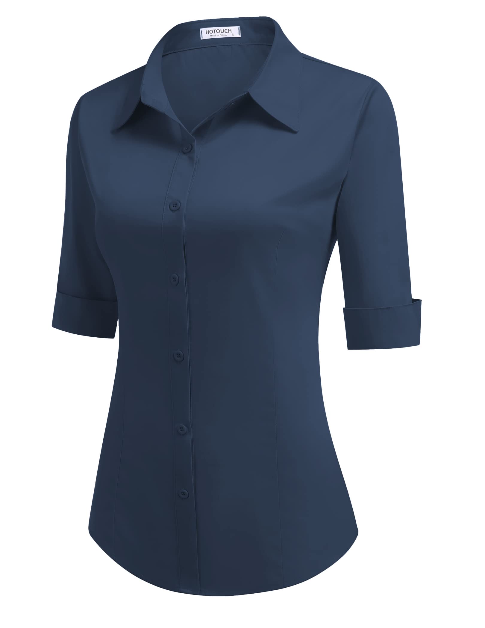 HOTOUCH Womens 3/4 Sleeve Top Cotton Button Down Shirt | Slim Fit V Neck Shirt,Fitted Office Top,Stretch Cotton Tops,Classic Teachers Outfit,Fall