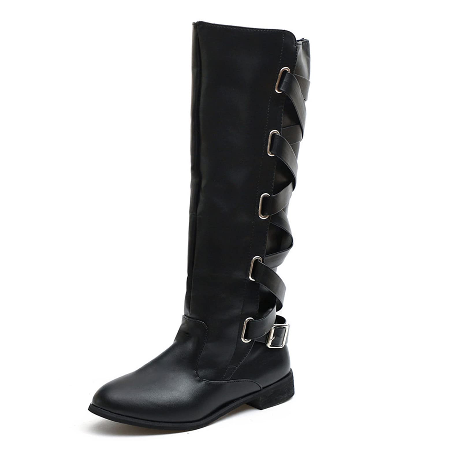 FGUUTYM Stivali da donna neri a gambo lungo, stile retrò, da donna, in pelle, piatti, con chiusura lampo laterale