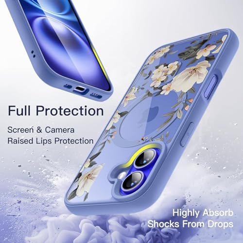 Image of VONZEE Compatible with iPhone 16 Case Luxury Retro Flowers Floral Clear for Magnetic Wireless Charging Case Shockproof Case PC+TPU Cute Glossy Shiny Cover for Girls Women, 6.1'' Official Blue