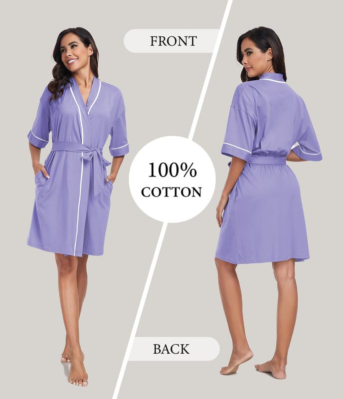 Image of ANLIQI Womens 100% Cotton Robes Lightweight Summer Short Sleeve Lady Bathrobe Knee Length Kimono Robe Sleepwear with Pockets