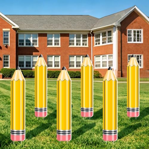 6PCS Back to School Pencil Decorations 32.6 In Pencil Yard Signs Kindergarten Classroom Decor with 12 Stakes First Day of School Signs Party Supplies for Outdoor Lawn Classroom Photo Props