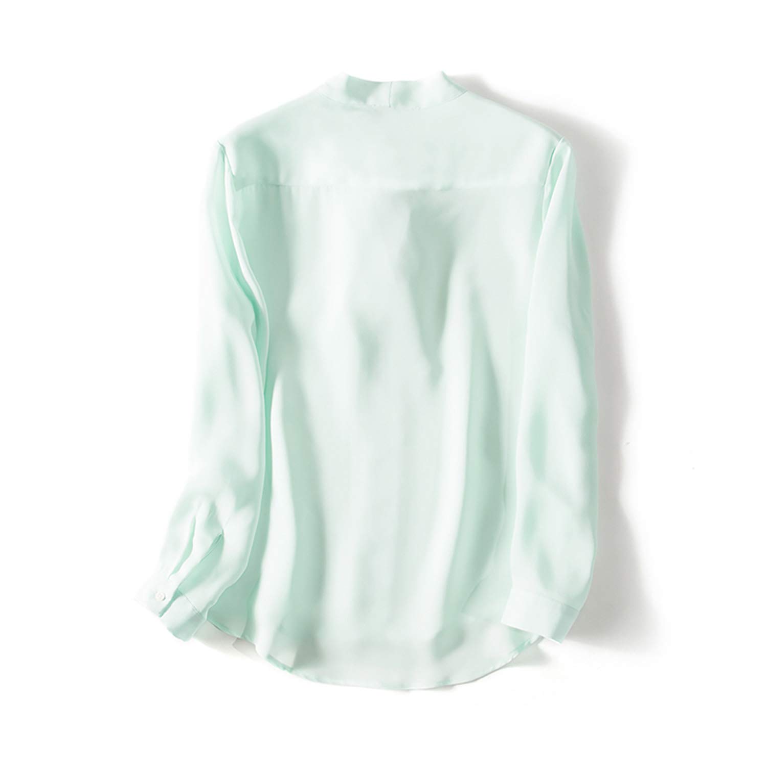 Camicia di Seta Verde Chiaro, Delicato Papillon da Donna con Top A Maniche Lunghe, Blusa Casual