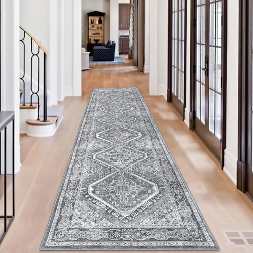 KUTA Oriental Kitchen Runner Rug, 2.6x10 Vintage Grey Washable Hallway Rugs Non-Slip Ultra Soft Printed Distressed Tribal Farmhouse Carpet for Bedroom Living Room Nursery Playroom