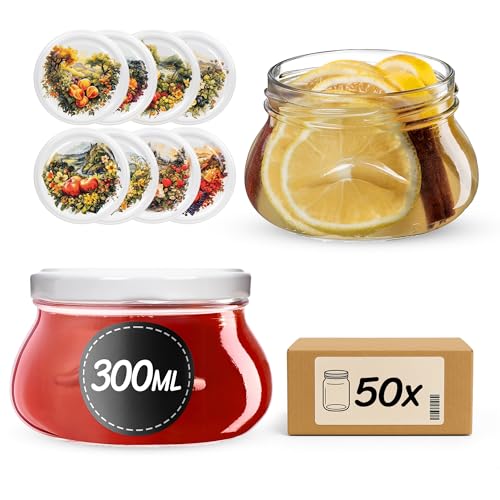 KADAX Tarros de mermelada de 300 ml con tapa de rosca fi82 mm, tarros pequeños para miel y especias, tarros de mermelada con tapa, tarros herméticos para regalar (huerto, 50 unidades)