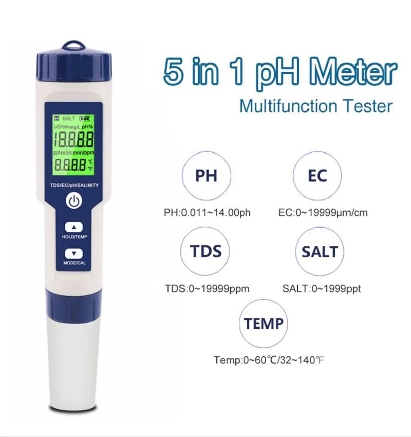 EZ-9909 5 in 1 TDS/EC/PH/Salinity/Temperature Meter Digital Water Quality Monitor Tester for Pools, Drinking Water