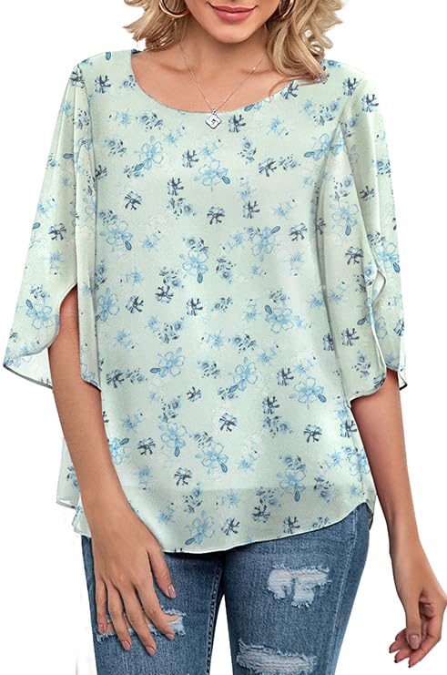 Neineiwu Womens Casual Scoop Neck Loose Top 3/4 Sleeve Chiffon Blouse Shirt Tops