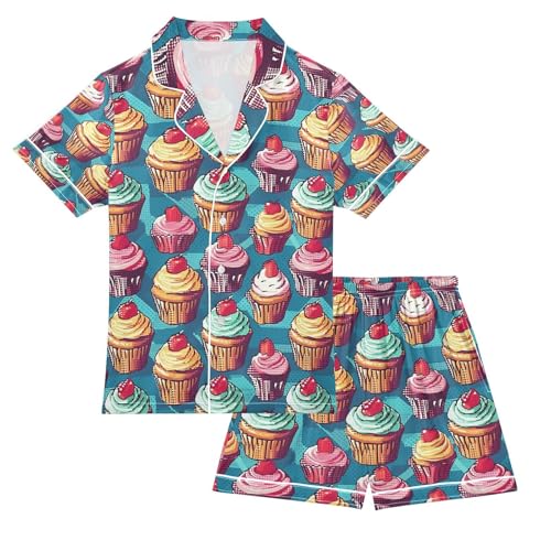senya Cupcake Satin Summer Pajama Sets Silk Short Sleeve Button Down Sleepwear