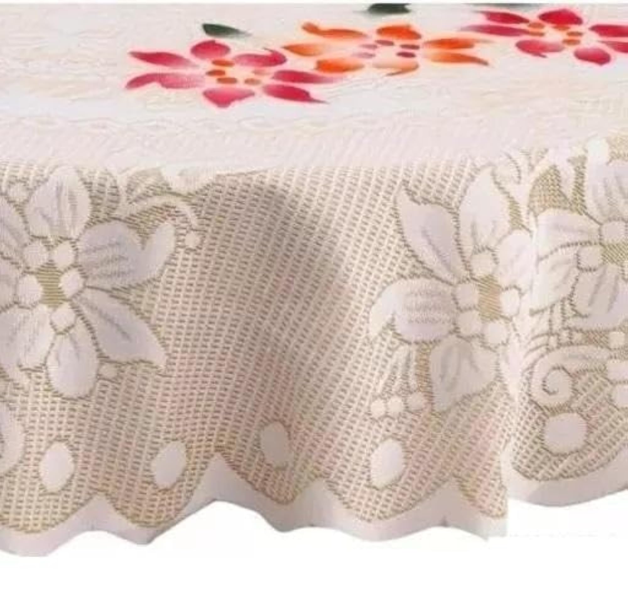 Beige Embroidered Design Round Cotton Centre Table Cover