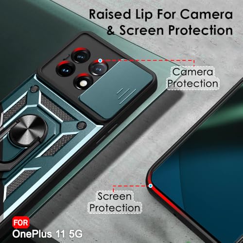 Image of TheGiftKart Tough Armor Bumper Back Cover Case for OnePlus 11 5G | Ring Holder & Kickstand in-Built | 360 Degree Protection Back Case Cover for OnePlus 11 5G (PC & TPU, Sliding Camera Cover, Green)
