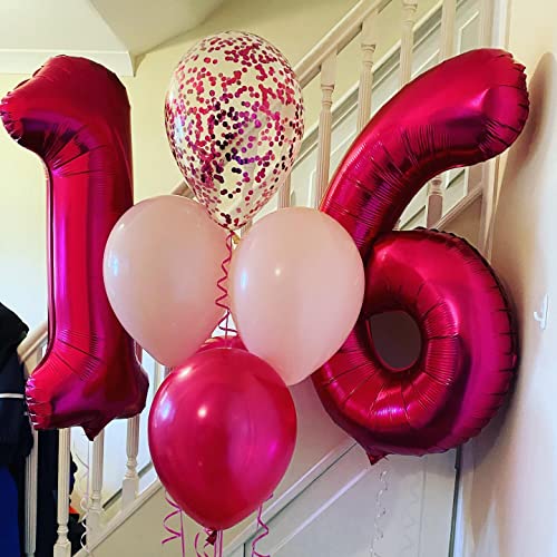 Image of 40 Inch Hot Pink 16 Number Balloons Giant Jumbo Huge 16 Foil Mylar Helium Number Balloons Dark Pink Birthday Mylar Digital Balloons 16th Birthday Anniversary Events Party Decorations Supplies