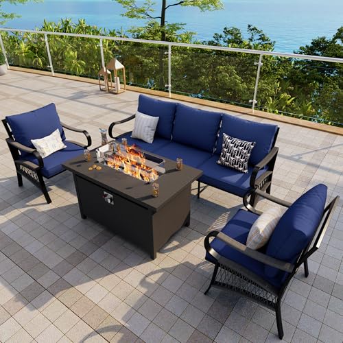 Image of 4-Piece Outdoor Furniture Set, Patio Conversation Set Include 3-Seater Sofa Couch Single Chairs with Fire Pit Table for Deck, Porch, Garden, Backyard, Poolside (Blue Cushions)