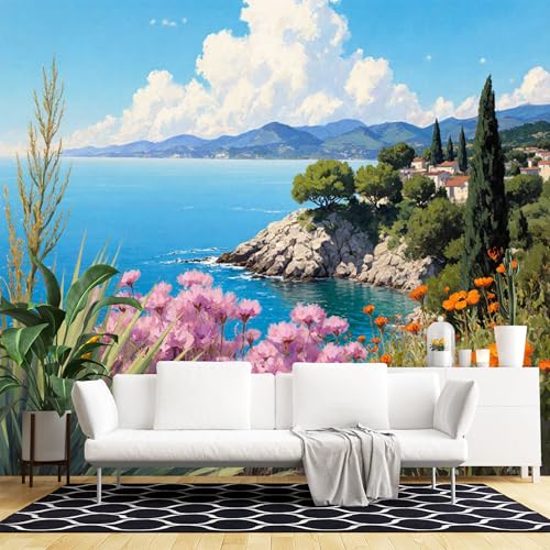 Murales de pared de tamaño personalizado, paisaje costero, pintura al óleo, vista al mar, flores de acantilado, aldea mediterránea, autoadhesivo, tela de pared, papel tapiz grande extraíble para sala