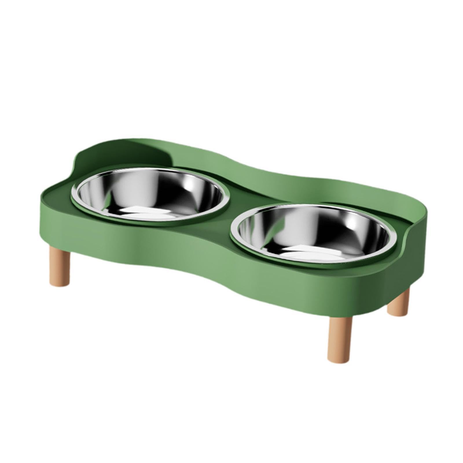 Fenteer Elevated Cat Bowls with 2 Stainless Steel Bowls,Easy to Clean,Raised,Cat Food and Water Bowl Set,Splashproof for Puppy,Kitten, Green