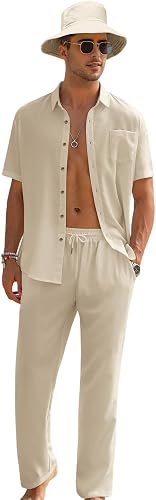 EISHOPEER Mens Linen Yoga Outfits Casual Button Down Shirts with Hats and Loose 