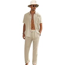 EISHOPEER Mens Linen Sets 3 Pieces Casual Button Down Cotton Linen Shirt and Long Pants Set Beach Outfits with Hats S-3XL