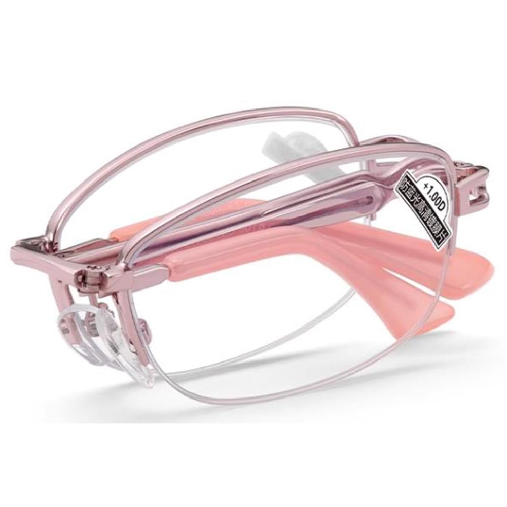 Plegables Gafas de lectura Ligeras Reading Eyeglasses Portátil Mujeres Reading Eyeglasses rosado Rectangulares metal Medio marco2.5