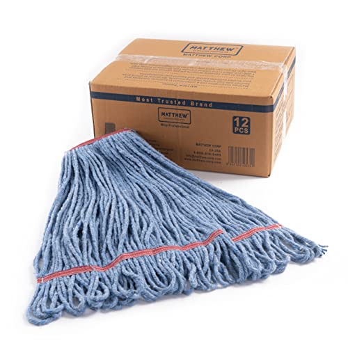 Image of Matthew Cleaning 24oz Heavy Duty Mop Head Commercial Replacement for General and Floor Cleaning , Wet Industrial Blue Cotton Looped End String Head Refill (Case of 12) Blue