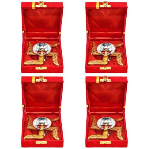 Image of Saugat Traders Corporate Gifts for Diwali Combo Pack of 4 - Metal Swastik Diya with Box Gift for Clients, Office Employees, Family, Friends - Religious Return Gifts Bulk