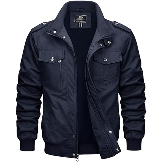 MAGCOMSEN Blouson Cargo Militaire pour Hommes Léger Coupe-vent en Coton Décontracté Multipoches Mi-saison avec Col Rabattu et Zippe Navy L