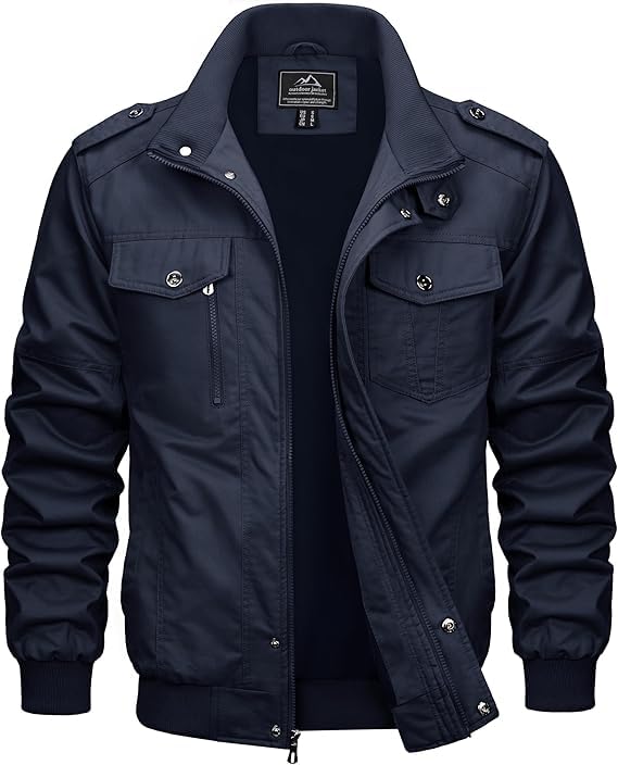 MAGCOMSEN Blouson Cargo Militaire pour Hommes Léger Coupe-vent en Coton Décontracté Multipoches Mi-saison avec Col Rabattu et Zippe Navy L