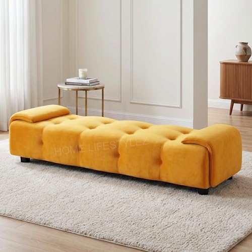 Image of Home Lifestlez Monel 2 Seater Tufted Ottoman Bench | Velvet Upholstered | Seating Bench Window Bench Footrest Stool End of Bed Bench Living Room Furniture | Comfortable & Stylish - Yellow