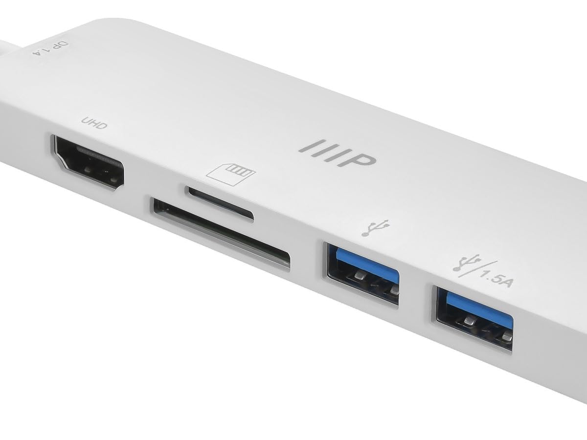 Monoprice Adaptador HDMI 4K multipuerto USB Tipo C 6 en 1, resolución máxima 4K a 60Hz, 5Gbps, lectores de Tarjetas, PD de 100 vatios, Cable USB-C de 6.7 Pulgadas, Plug-n-Play, Compacto y Ligero,
