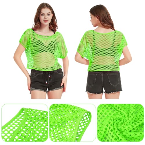 80s Fancy Fishnet Top for Women Neon Mesh Top Off the Shoulder T-shirt 1980s Retro Theme Party Costume Accessories Cosplay - Image 2