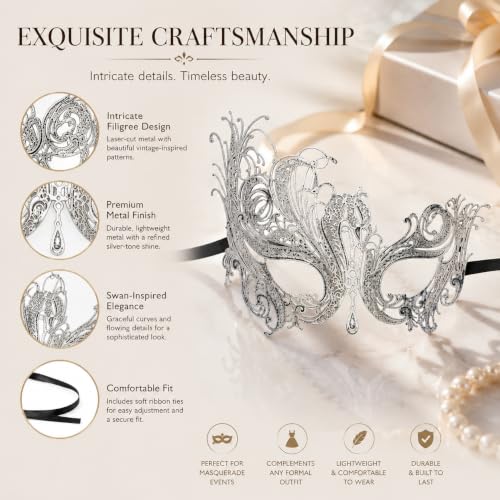 Image of Metal Filigree Masquerade Mask for Women - Swan Style Mask with Rhinestones for Mardi Gras, Prom, Halloween & Venetian Party