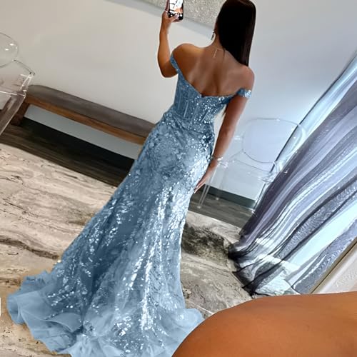 ManDu Sparkly Sequin Applique Prom Dresses Long Mermaid Tulle Formal Evening Party Gowns Sweetheart Ball Gown with Slit3