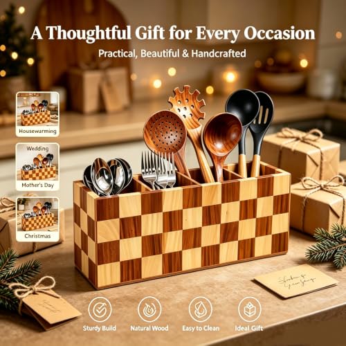 Image of Large Kitchen Utensils Holder 4 Compartments with Checkered Design,Corner Utensil Caddy for Countertop,Acacia Wooden Mixed With Poplar Wood Utensil Organizer for Kitchen Countertop, Farmhouse Decor