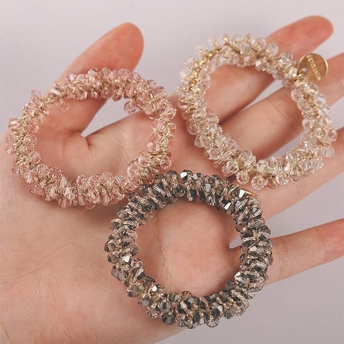 ADORNISH Crystal Hair Ties White Elastic Hair Scrunchies Crystal Hair Bands Bead Ponytail Holders Hair Ropes Hair Accessories for Women and Girls (Pack of 3)