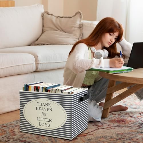 Image of Boy Nursery Storage Bins Box with Handles, Thanks Heaven for Little Boys Blue Striped Collapsible Basket Organizer for Baby Boys Toddler Kids Room Bedroom Bathroom Books Clothes