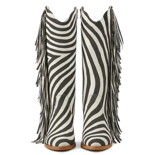Image of KiutSymo Cowgirl Fringe Boots for Women Knee High Cowboy Boots | Fringe Cowboy Boots for Women, Pointed Toe Tassels Chunky Heel Western Cowgirl Boots, Country Music Festivals Wedding Party