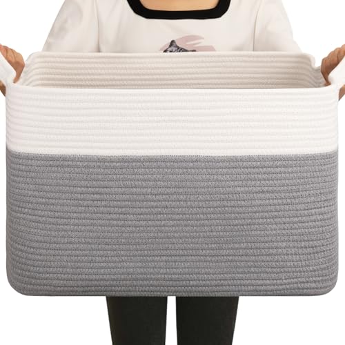 Image of OIAHOMY Large Blanket Basket, 65L Cotton Rope Woven Laundry Basket, Toy Bin for Baby Room, Container for Blanket Storage in Living Room, 20''x16''x12'', Grey & White