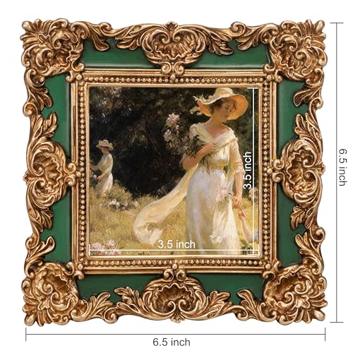 Image of eletecpro 4x4 Vintage Picture Frame with Real Glass Cover, Ornate Antique Photo Frame, Display 4x4 Picture for Tabletop or Wall, Green Home Decor for Gallery Art