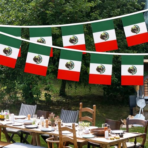 Image of Mexico Flags Mexican String Flag Banners for Patriotic Events Independence Day Sports Bars Inside Outside Decorations 33 Feet 30 Flags