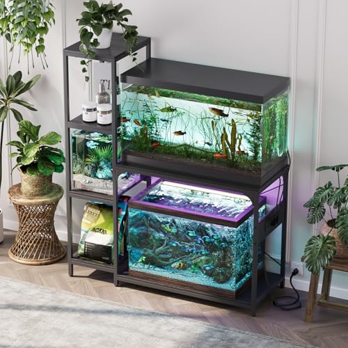 Image of VOWNER 20-29 Gallon Fish Tank Stand with Power Outlet, Wood Aquarium Stand with Shelves for Fish Tank Accessories Storage, Heavy Duty Metal Frame, Turtle Reptile Terrarium Stand, Load 500lb, Black