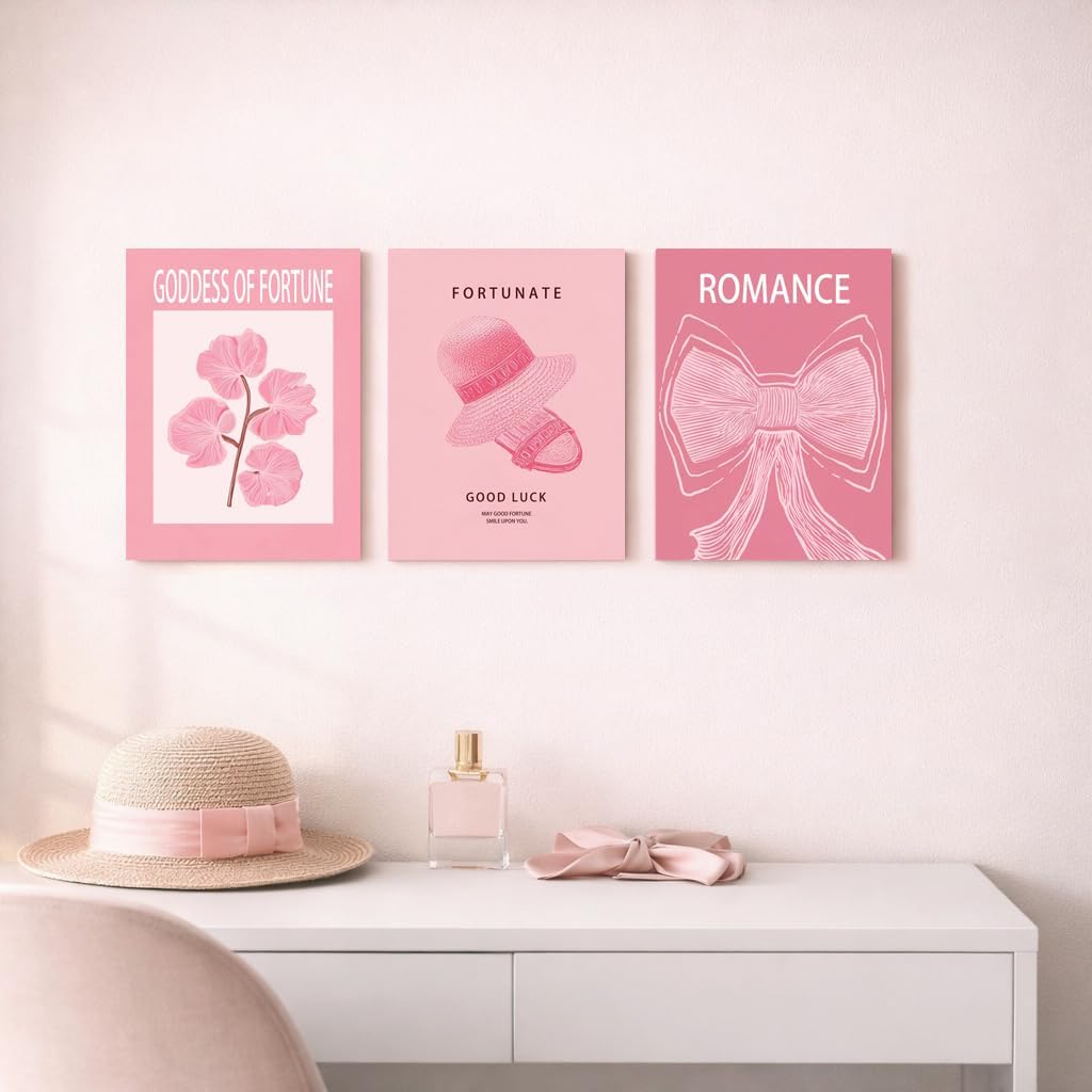 Pink Inspirational Canvas Wall Art Set of 3, 12x16 Inch Feminine Fashion Wall Decor, Good Things Are Coming Quote Artwork, Aesthetic Pink Flower Canvas Prints for Bedroom, Girls Room, Dressing Room Decor (Lucky Pink)