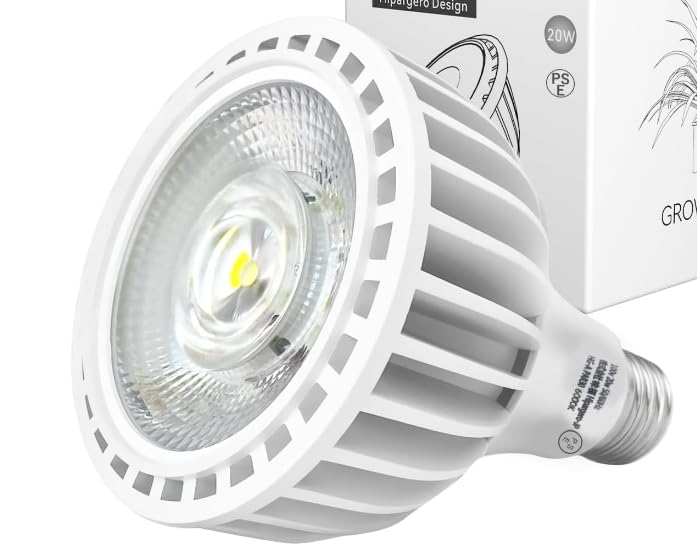 24W 全スペクトル LED 植物用照明、E26 口金、5800K 白色光、高 PPFD、省エネ、屋内園芸向け、ホワイト