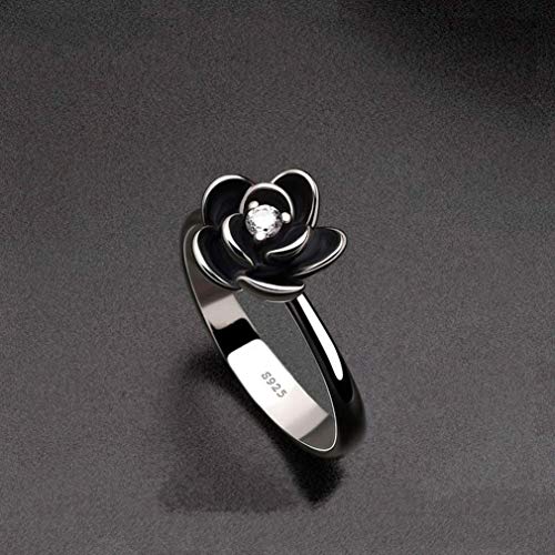 YULong Silver Rose Diamond Ring, Black Rose Ring 925 Sliver Cubic Zirconia Ring Dainty Flower Rings for Women Girls (Silevr,7)