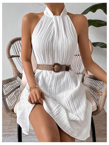 Image of Floerns Women's Pearl Beaded Halter Twist Sleeveless Tie Back Dress A Line Dress