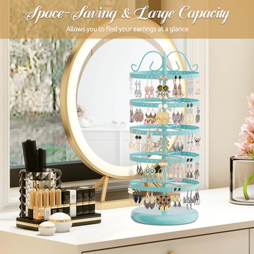 Image of MODOWEY Rotating Earring Holder Organizer Stand, 5 Tier Metal Tree Display for Women Vendors, 220 Holes Adjustable Jewelry rack for Stud Hoop Dangle Storage, Trendy Carousel Keeps Dresser Neat, Blue