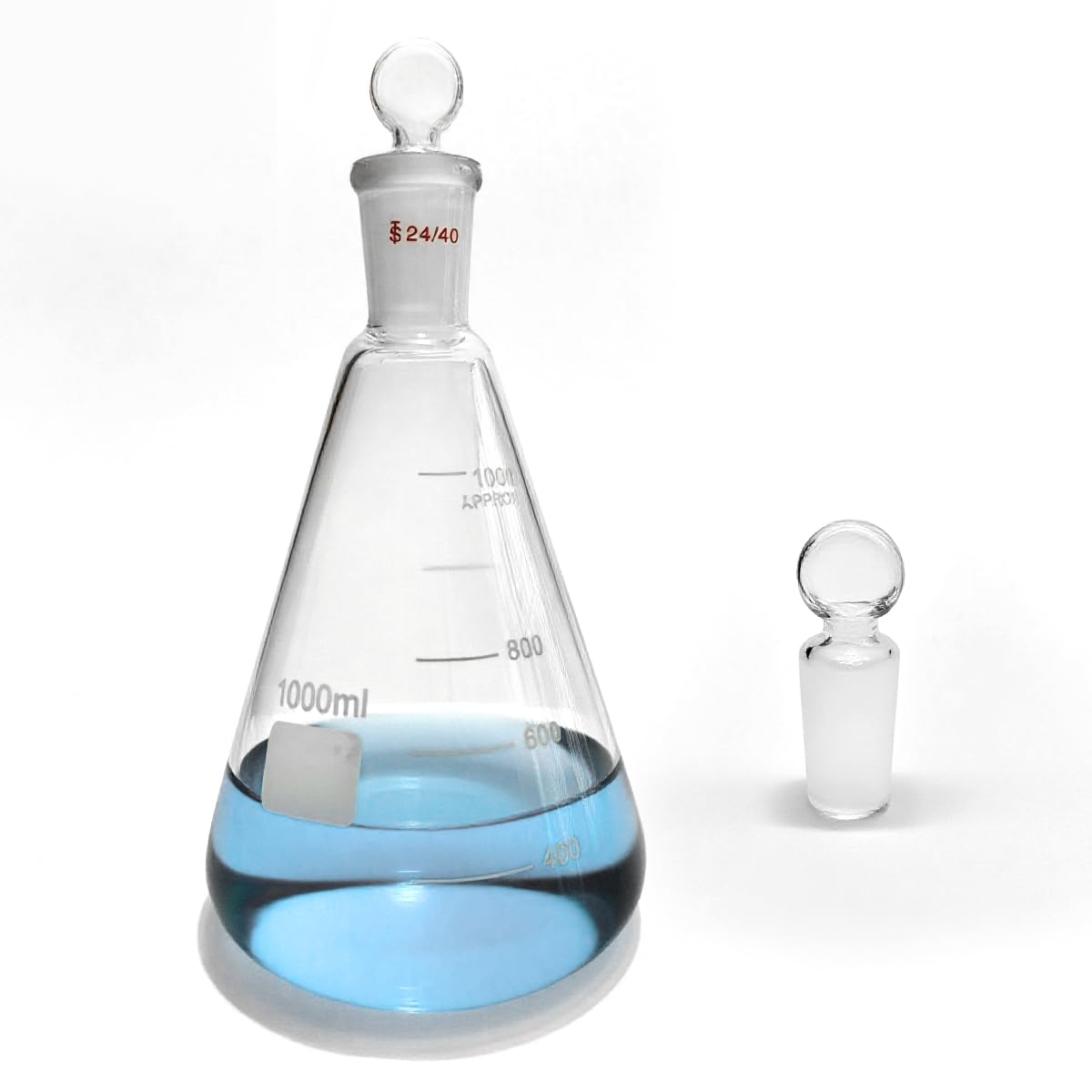 24/40 Glass Erlenmeyer Flask，Borosilicate Glass Heavy Wall Flask with Stopper & Standard Taper Outer Joint （1000ml