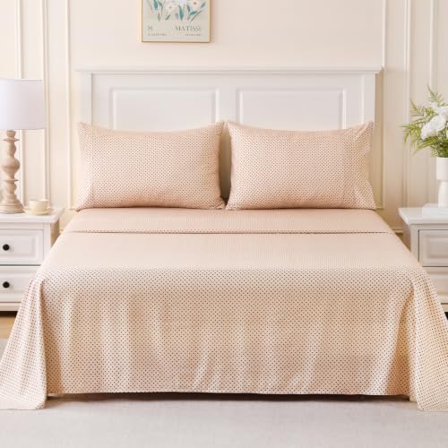 Image of MCO 4Pieces Polka Dot Sheets Set, Breathable King Sheet Set with 16 inch Deep Pocket, Modern & Luxury, Brushed Microfiber Bedding Set(King, Polkadot Beige)