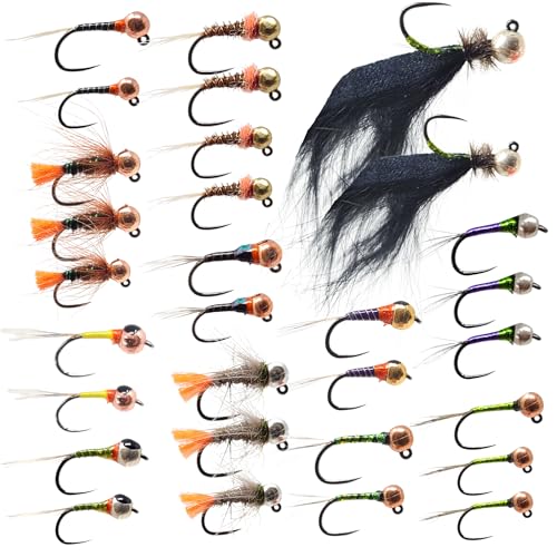 The Fly Crate | 30 Barbless Euro Czech Nymphing Trout Fly Fishing Flies | European Nymph Fly Assortment with Tungsten Beads | Jigs, Perdigons, Leeches, and Barbless Nymphs