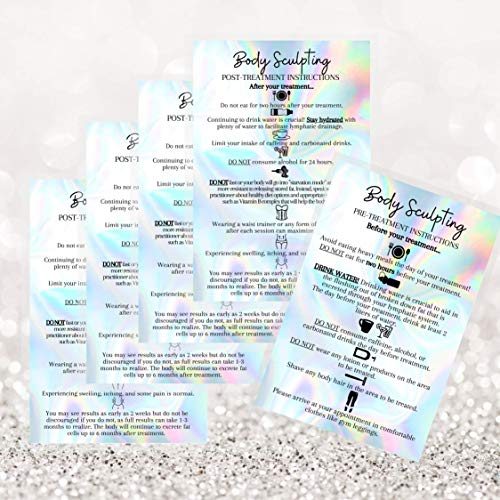 Body Sculpting Pre And Post Treatment Information Cards | 30 Pack | 4X6” Inch Large Postcard Size | Holographic Look Design #TOP5