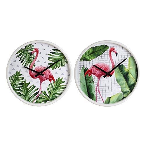 LOLAhome Set de 2 Relojes de flamencos Blanco y Rosa de Madera y Metal de Ø 30 cm