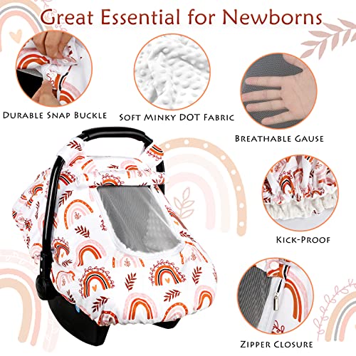 Image of Pea Pod Baby Car Seat Cover Girls, Infant Rainbow Car Seat Covers Canopy for Newborn,2 Layers Windows of Breathable Mesh /Fabric, Lightweight Polyester /Minky Dot Backing, Snug Fit Most Baby Car Seat