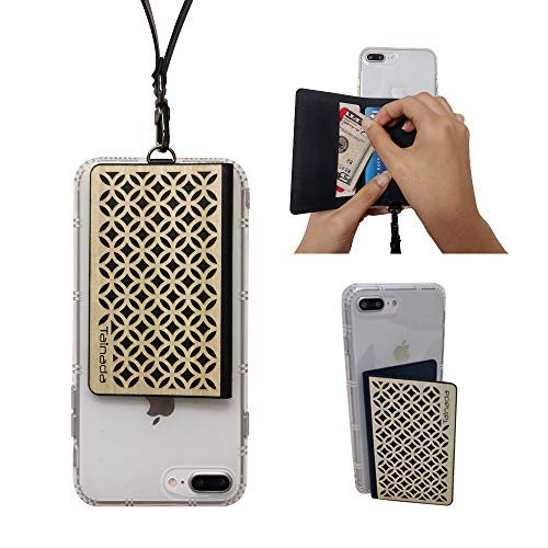Image of Tainada Stick On Flip Phone Wallet with Phone Detachable Neck Lanyard & Built-in Stand, Adhesive Cash Credit Card Holder with Wooden Laser Engraved Design + One Cord Wrapper (Circle Pattern Black)