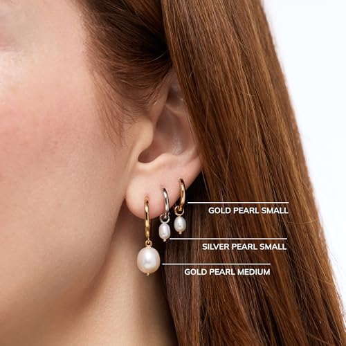 Image of Ana Luisa Frida Pearl Jewelry Huggie Hoops - Medium & Small 14K Gold Plated & Silver Rhodium Plated Drop Hoop Earrings with Freshwater Pearls - 2-in-1 Hypoallergenic Water-Resistant, Tarnish-Free Hoop